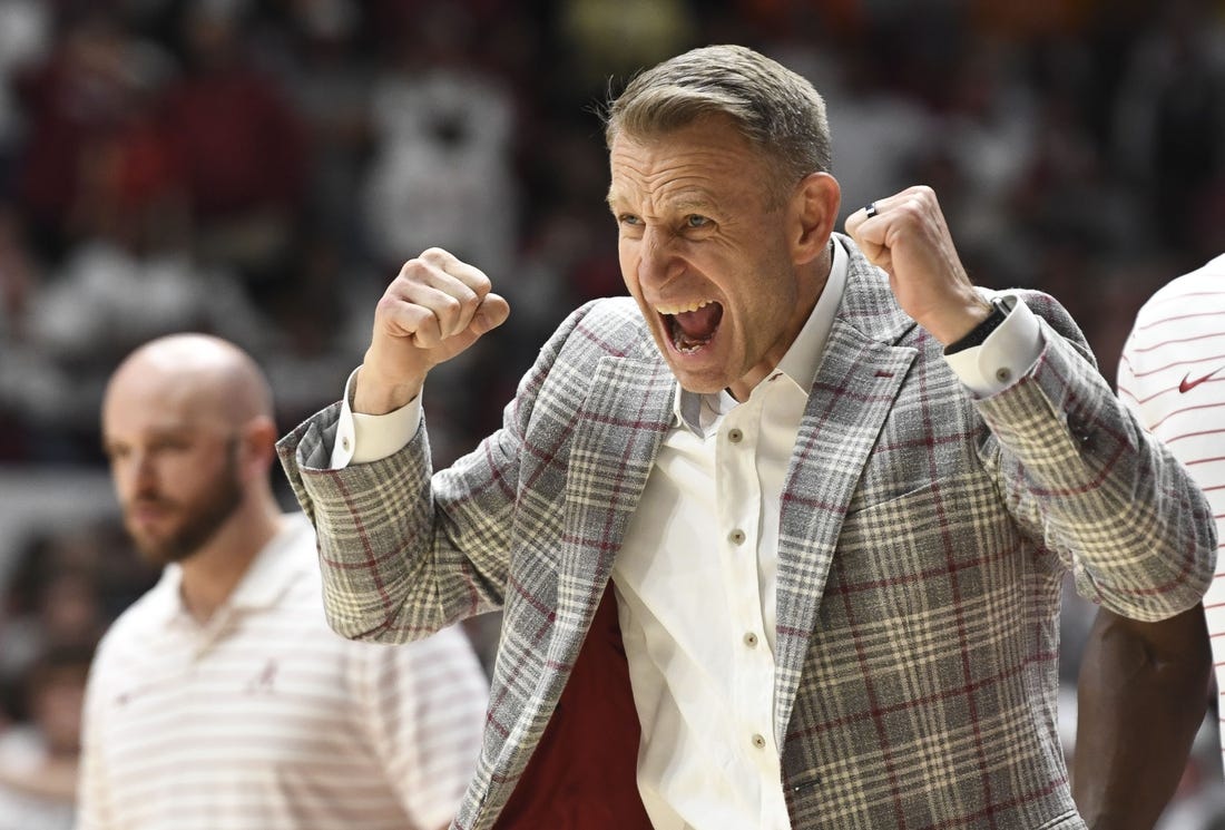 Mar 2, 2024; Tuscaloosa, Alabama, USA;  Alabama head coach Nate Oats cheers on his team as they play Tennessee at Coleman Coliseum. Mandatory Credit: Gary Cosby Jr.-USA TODAY Sports