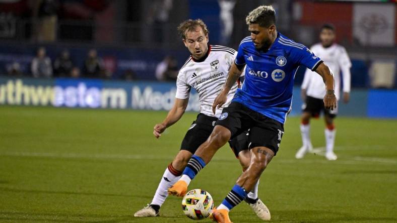 Mar 2, 2024; Frisco, Texas, USA; FC Dallas midfielder Paxton Pomykal (19) and CF Montreal forward Josef Martinez (17) battle for control of the ball during the second half at Toyota Stadium. Mandatory Credit: Jerome Miron-USA TODAY Sports