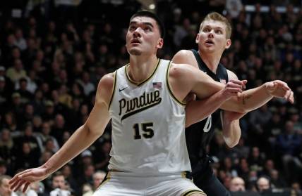 Purdue Boilermakers center Zach Edey (15) boxes out Michigan State Spartans forward Jaxon Kohler (0) during the NCAA men   s basketball game, Saturday, March 2, 2024, at Mackey Arena in West Lafayette, Ind.