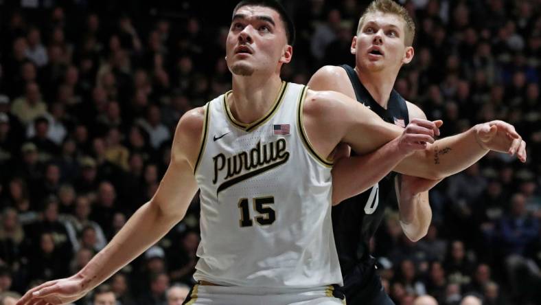 Purdue Boilermakers center Zach Edey (15) boxes out Michigan State Spartans forward Jaxon Kohler (0) during the NCAA men   s basketball game, Saturday, March 2, 2024, at Mackey Arena in West Lafayette, Ind.