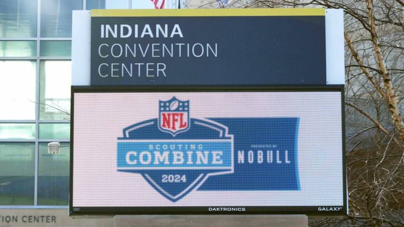 Mar 3, 2024; Indianapolis, IN, USA; The marquee sign at the Indiana Convention Center, the site of the 2024 NFL Scouting Combine. Mandatory Credit: Kirby Lee-USA TODAY Sports