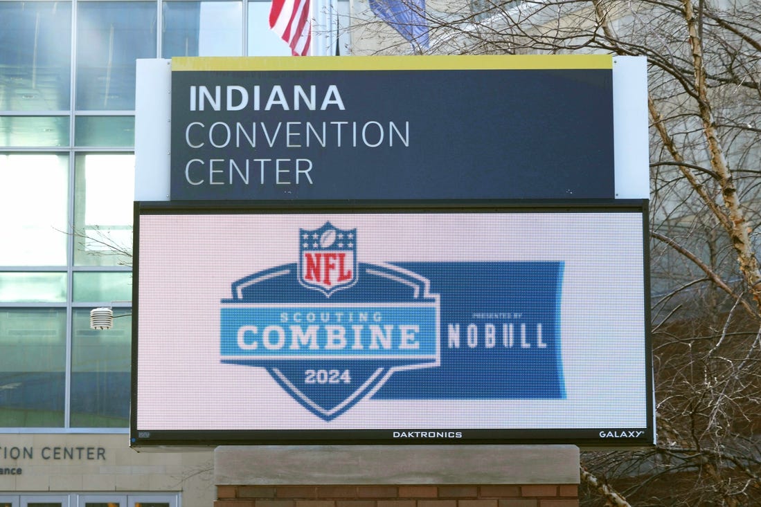 Mar 3, 2024; Indianapolis, IN, USA; The marquee sign at the Indiana Convention Center, the site of the 2024 NFL Scouting Combine. Mandatory Credit: Kirby Lee-USA TODAY Sports
