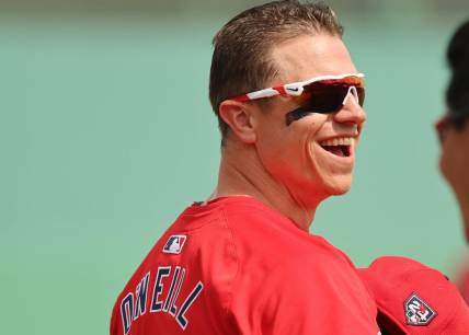 Mar 3, 2024; Fort Myers, Florida, USA; Boston Red Sox left fielder Tyler O'Neill (17) before the game against the Toronto Blue Jays at JetBlue Park at Fenway South. Mandatory Credit: Kim Klement Neitzel-USA TODAY Sports