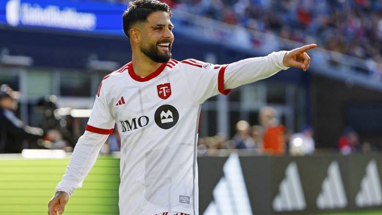 Mar 3, 2024; Foxborough, Foxborough, USA; Toronto FC forward Lorenzo Insigne (24) celebrates after scoring a goal against the New England Revolution during the first half at Gillette Stadium. Mandatory Credit: Winslow Townson-USA TODAY Sports