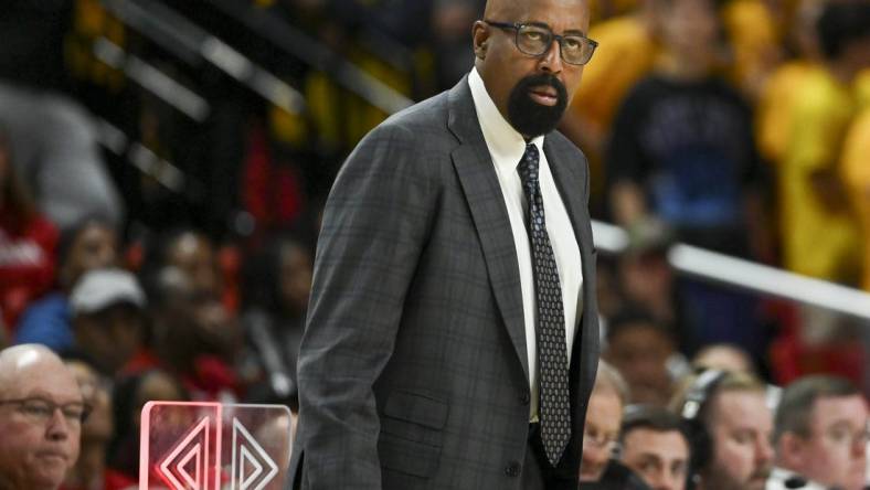 Mar 3, 2024; College Park, Maryland, USA;  Indiana Hoosiers head coach Mike Woodson stands near the scoring table during the second half against the Maryland Terrapins at Xfinity Center. Mandatory Credit: Tommy Gilligan-USA TODAY Sports