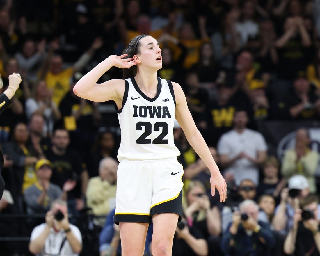 Mar 3, 2024; Iowa City, Iowa, USA; Iowa Hawkeyes guard Caitlin Clark (22) celebrates the win over the Ohio State Buckeyes during the second half at Carver-Hawkeye Arena. Mandatory Credit: Reese Strickland-USA TODAY Sports