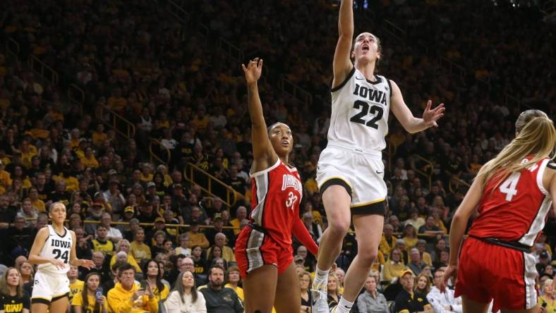 Iowa   s Caitlin Clark (22) shoots against Ohio State Sunday, March 3, 2024 at Carver-Hawkeye Arena in Iowa City, Iowa.