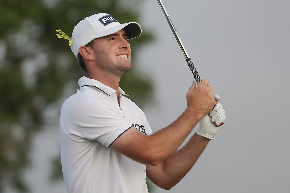 Mar 3, 2024; Palm Beach Gardens, Florida, USA;  Austin Eckroat plays his shot from the fifth tee during the final round of the Cognizant Classic in The Palm Beaches golf tournament. Mandatory Credit: Reinhold Matay-USA TODAY Sports