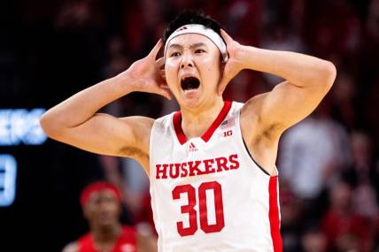 Mar 3, 2024; Lincoln, Nebraska, USA; Nebraska Cornhuskers guard Keisei Tominaga (30) reacts after making a 3-point shot against the Rutgers Scarlet Knights during the second half at Pinnacle Bank Arena. Mandatory Credit: Dylan Widger-USA TODAY Sports