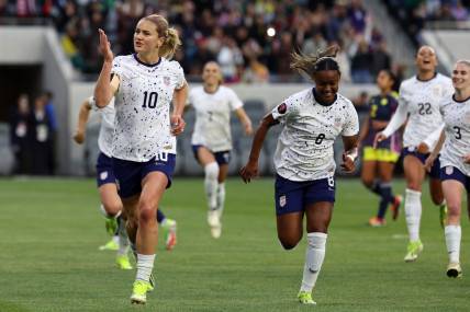 Mar 3, 2024; Los Angeles, California, USA; United States midfielder Lindsey Horan (10) reacts after scoring a goal on a penalty kick during the first half of the Concacaf W Gold Cup quaterfinal game against Columbia at BMO Stadium. Mandatory Credit: Kiyoshi Mio-USA TODAY Sports