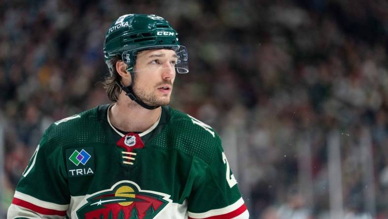 Mar 3, 2024; Saint Paul, Minnesota, USA; Minnesota Wild right wing Brandon Duhaime (21) during a break in the action agains the San Jose Sharks in the third period at Xcel Energy Center. Mandatory Credit: Matt Blewett-USA TODAY Sports