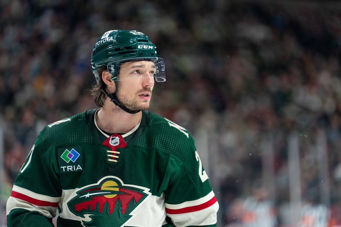 Mar 3, 2024; Saint Paul, Minnesota, USA; Minnesota Wild right wing Brandon Duhaime (21) during a break in the action agains the San Jose Sharks in the third period at Xcel Energy Center. Mandatory Credit: Matt Blewett-USA TODAY Sports