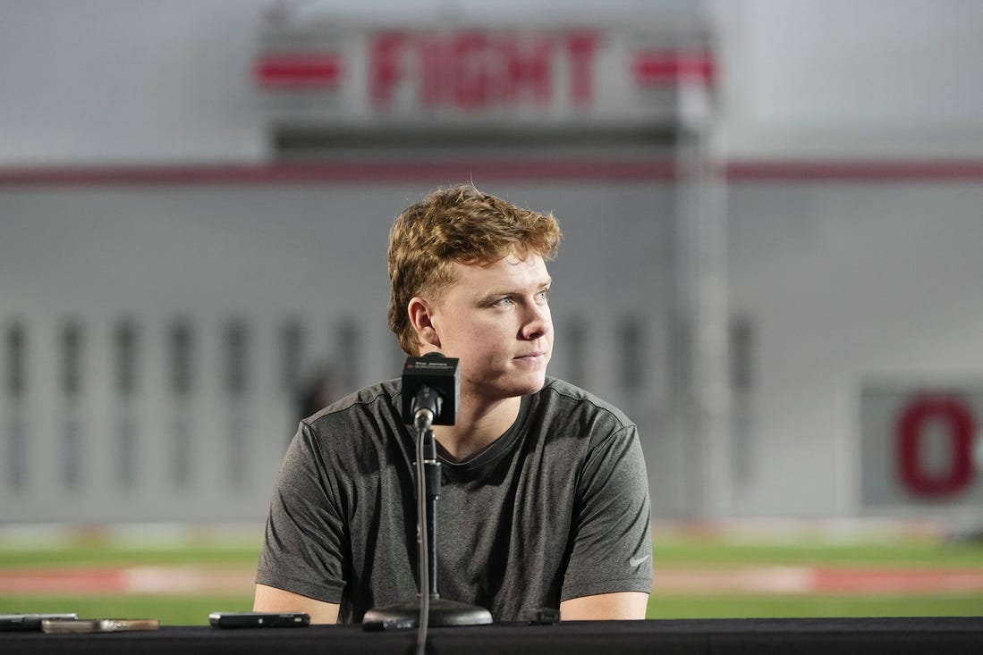 Mar 4, 2024; Columbus, OH, USA; Ohio State Buckeyes quarterback Devin Brown speaks to media at the start of spring practice at the Woody Hayes Athletic Center.