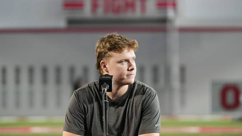 Mar 4, 2024; Columbus, OH, USA; Ohio State Buckeyes quarterback Devin Brown speaks to media at the start of spring practice at the Woody Hayes Athletic Center.