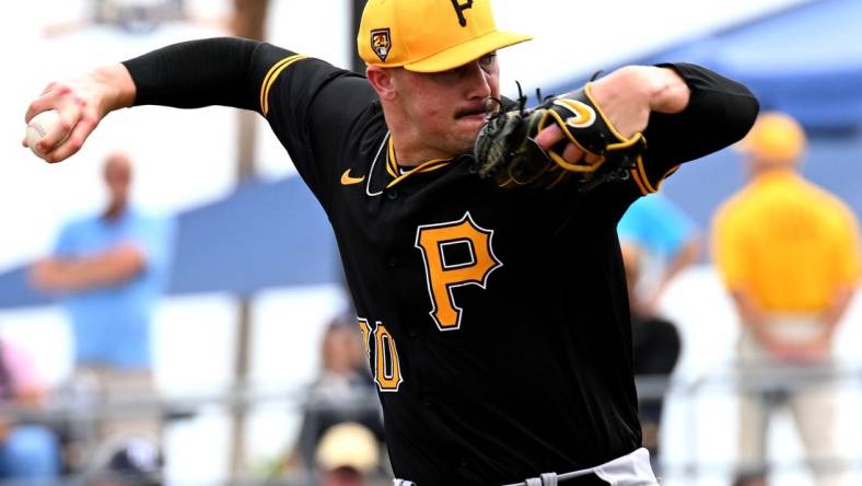 Mar 3, 2024; North Port, Florida, USA; Pittsburgh Pirates pitcher Paul Skenes (30) throws a pitch in the fourth inning of the spring training game against the Tampa Bay Rays at CoolToday Park. Mandatory Credit: Jonathan Dyer-USA TODAY Sports