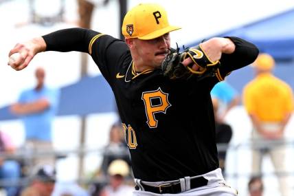 Mar 3, 2024; North Port, Florida, USA; Pittsburgh Pirates pitcher Paul Skenes (30) throws a pitch in the fourth inning of the spring training game against the Tampa Bay Rays at CoolToday Park. Mandatory Credit: Jonathan Dyer-USA TODAY Sports