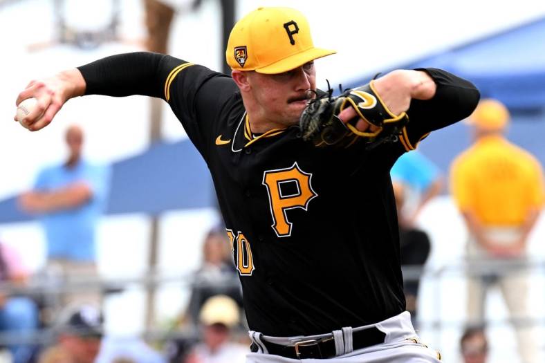 Mar 3, 2024; North Port, Florida, USA; Pittsburgh Pirates pitcher Paul Skenes (30) throws a pitch in the fourth inning of the spring training game against the Tampa Bay Rays at CoolToday Park. Mandatory Credit: Jonathan Dyer-USA TODAY Sports