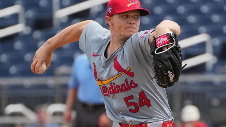 Mar 4, 2024; West Palm Beach, Florida, USA;  St. Louis Cardinals starting pitcher Sonny Gray (54) pitches against the Washington Nationals in the first inning at CACTI Ballpark of the Palm Beaches. Mandatory Credit: Jim Rassol-USA TODAY Sports