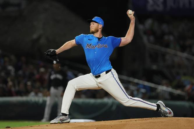 Mar 4, 2024; Jupiter, Florida, USA; Miami Marlins starting pitcher A.J. Puk (35) delivers a pitch against the New York Yankees during the first inning at Roger Dean Chevrolet Stadium. Mandatory Credit: Sam Navarro-USA TODAY Sports