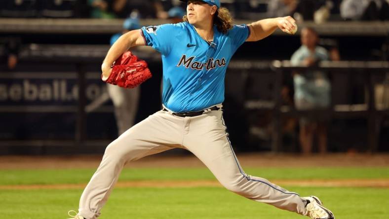 Feb 29, 2024; Tampa, Florida, USA; Miami Marlins starting pitcher Ryan Weathers (60) throws a pitch during the first inning against the New York Yankeesat George M. Steinbrenner Field. Mandatory Credit: Kim Klement Neitzel-USA TODAY Sports