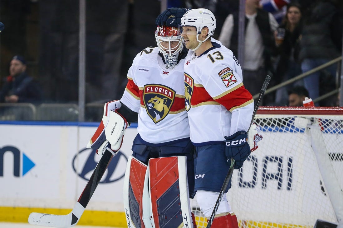 Mar 4, 2024; New York, New York, USA;  Florida Panthers center Sam Reinhart (13) celebrates with goaltender Sergei Bobrovsky (72) after defeating the New York Rangers 4-2 at Madison Square Garden. Mandatory Credit: Wendell Cruz-USA TODAY Sports