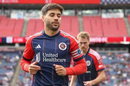 Mar 3, 2024; Foxborough, Massachusetts, USA; New England Revolution midfielder Carles Gil (10) warms up before playing against Toronto FC at Gillette Stadium. Mandatory Credit: Paul Rutherford-USA TODAY Sports