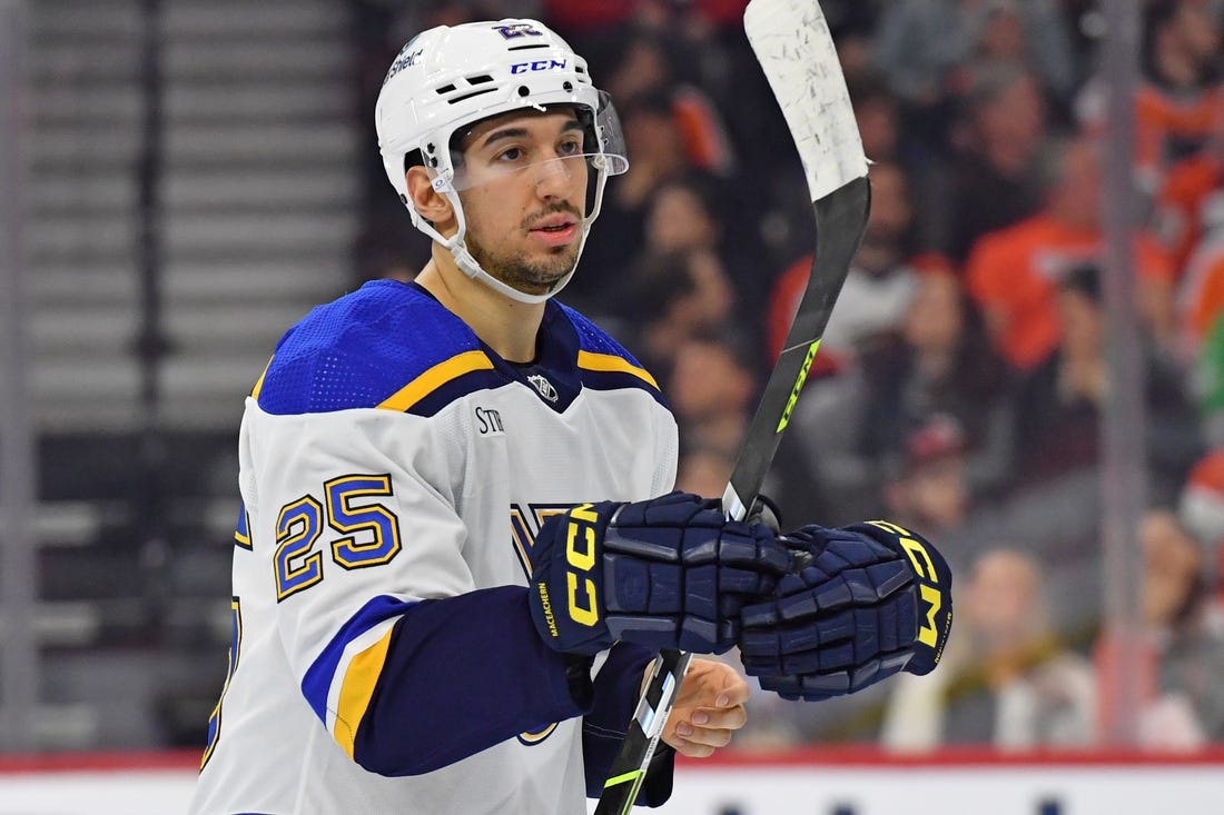 Mar 4, 2024; Philadelphia, Pennsylvania, USA; St. Louis Blues center Jordan Kyrou (25) against the Philadelphia Flyers at Wells Fargo Center. Mandatory Credit: Eric Hartline-USA TODAY Sports