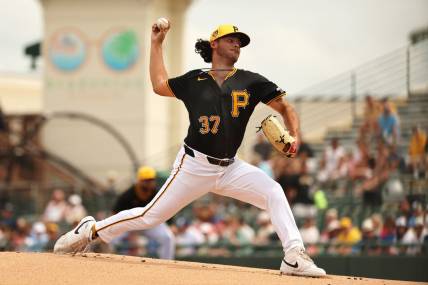 Mar 5, 2024; Bradenton, Florida, USA;  Pittsburgh Pirates starting pitcher Jared Jones (37) throws a pitch during the first inning against the Toronto Blue Jays at LECOM Park. Mandatory Credit: Kim Klement Neitzel-USA TODAY Sports