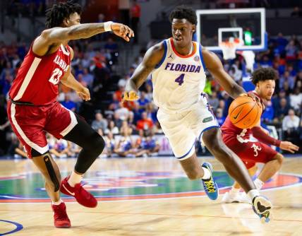 Florida Gators forward Tyrese Samuel (4) drives to the basket during the first half. The Florida men's basketball team hosted the Alabama Crimson Tied at Exactech Arena at the Stephen C. O   Connell Center in Gainesville, FL on Tuesday, March 5, 2024. [Doug Engle/Ocala Star Banner]
