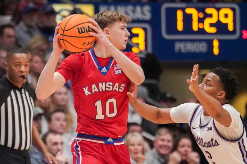 Mar 5, 2024; Lawrence, Kansas, USA; Kansas Jayhawks guard Johnny Furphy (10) looks to pass as Kansas State Wildcats guard Tylor Perry (2) defends during the first half at Allen Fieldhouse. Mandatory Credit: Denny Medley-USA TODAY Sports