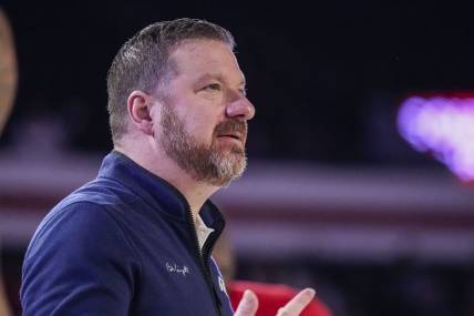 Mar 5, 2024; Athens, Georgia, USA; Mississippi Rebels head coach Chris Beard reacts on the sideline against the Georgia Bulldogs during the second half at Stegeman Coliseum. Mandatory Credit: Dale Zanine-USA TODAY Sports