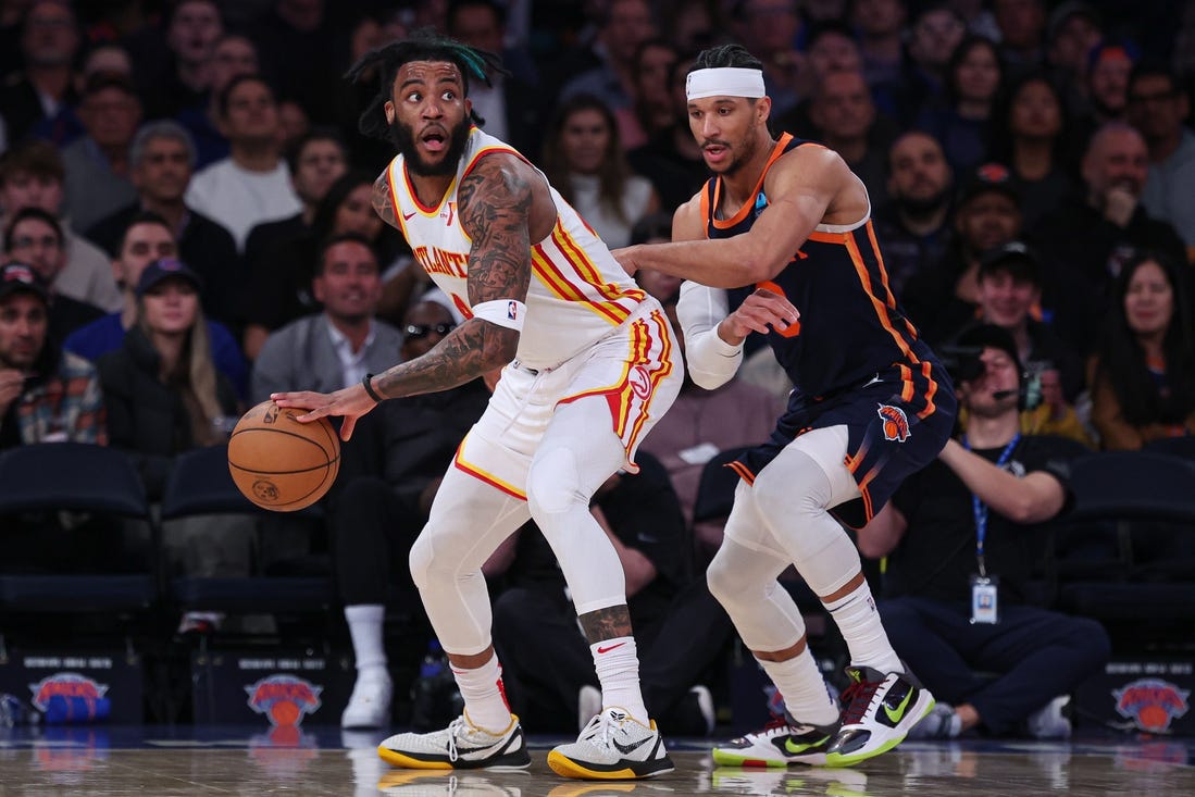 Mar 5, 2024; New York, New York, USA; Atlanta Hawks forward Saddiq Bey (41) dribbles against New York Knicks guard Josh Hart (3) during the second half at Madison Square Garden. Mandatory Credit: Vincent Carchietta-USA TODAY Sports