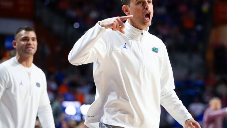 Florida Gators head coach Todd Golden reacts to a foul call during the second half. The Florida men   s basketball team hosted the Alabama Crimson Tied at Exactech Arena at the Stephen C. O   Connell Center in Gainesville, FL on Tuesday, March 5, 2024. [Doug Engle/Ocala Star Banner]