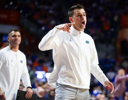 Florida Gators head coach Todd Golden reacts to a foul call during the second half. The Florida men   s basketball team hosted the Alabama Crimson Tied at Exactech Arena at the Stephen C. O   Connell Center in Gainesville, FL on Tuesday, March 5, 2024. [Doug Engle/Ocala Star Banner]