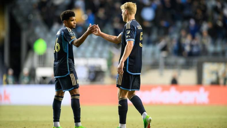 Mar 5, 2024; Chester, PA, USA; Philadelphia Union defenders Nathan Harriel (26) and Jakob Glesnes (5) shake hands after the game against C.F. Pachuca at Subaru Park. Mandatory Credit: Caean Couto-USA TODAY Sports