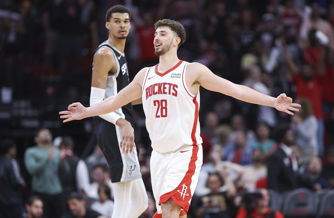 Mar 5, 2024; Houston, Texas, USA; Houston Rockets center Alperen Sengun (28) celebrates after scoring a basket during the fourth quarter against the San Antonio Spurs at Toyota Center. Mandatory Credit: Troy Taormina-USA TODAY Sports