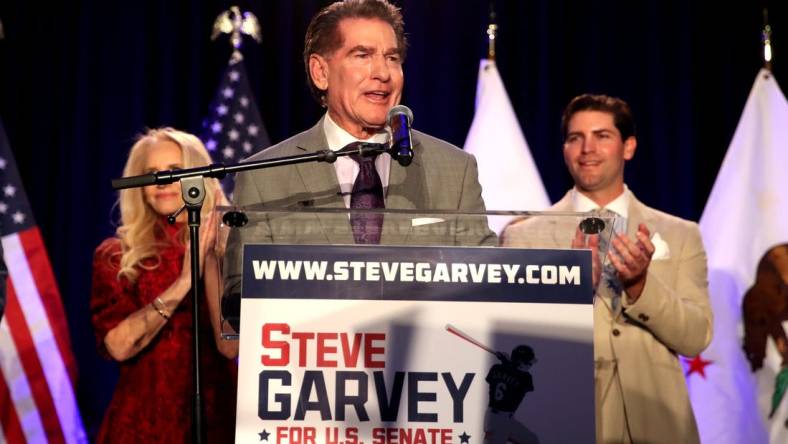 Steve Garvey, Republican candidate for the open California U.S. Senate speaks during his election night watch party in Palm Desert, Calif., on Super Tuesday., March 5, 2024.