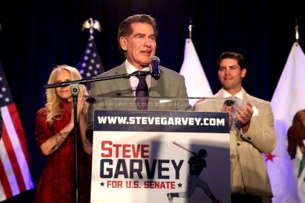 Steve Garvey, Republican candidate for the open California U.S. Senate speaks during his election night watch party in Palm Desert, Calif., on Super Tuesday., March 5, 2024.