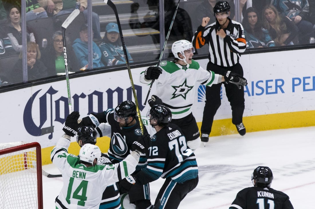 Mar 5, 2024; San Jose, California, USA; Dallas Stars center Wyatt Johnston (53) reacts after scoring against the San Jose Sharks during the third period at SAP Center at San Jose. Mandatory Credit: John Hefti-USA TODAY Sports