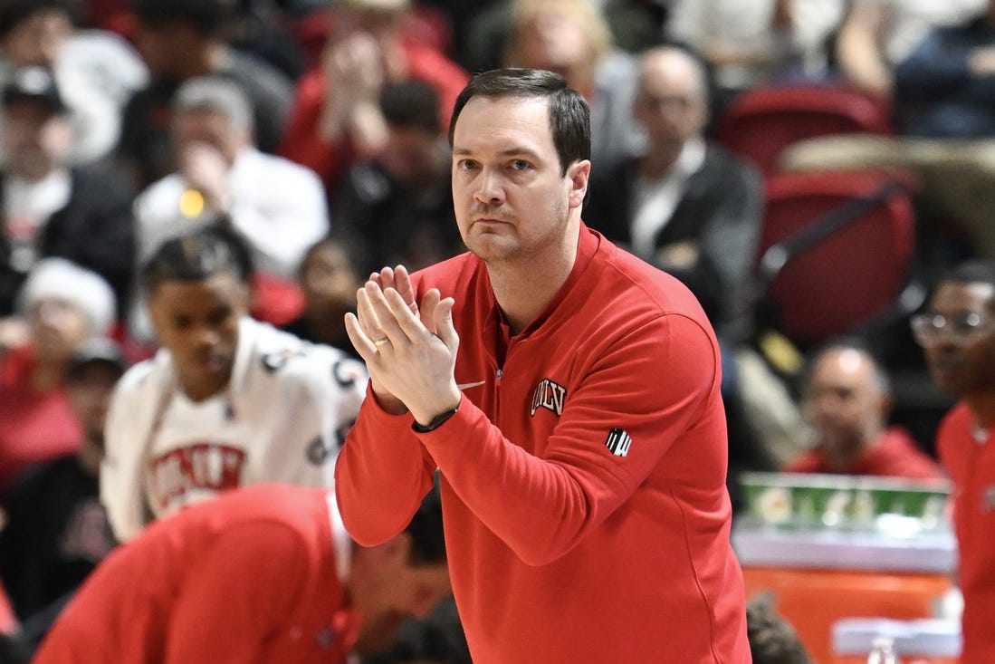 Mar 5, 2024; Las Vegas, Nevada, USA; UNLV Rebels head coach Kevin Kruger reacts to a play in the first half against the San Diego State Aztecs at Thomas & Mack Center. Mandatory Credit: Candice Ward-USA TODAY Sports