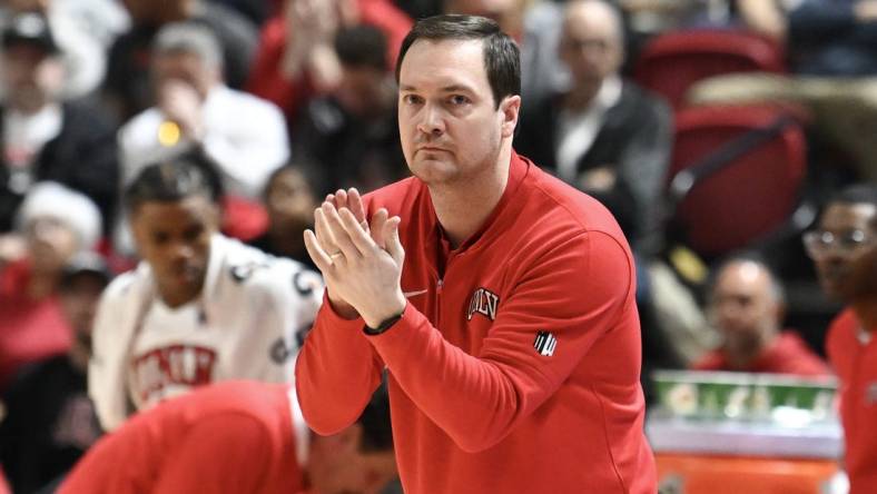 Mar 5, 2024; Las Vegas, Nevada, USA; UNLV Rebels head coach Kevin Kruger reacts to a play in the first half against the San Diego State Aztecs at Thomas & Mack Center. Mandatory Credit: Candice Ward-USA TODAY Sports