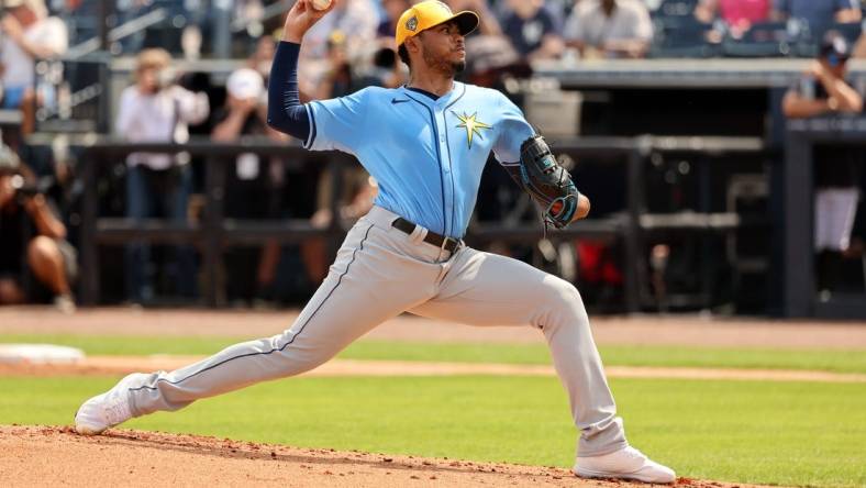 Mar 6, 2024; Tampa, Florida, USA;Tampa Bay Rays starting pitcher Taj Bradley (45) throws a pitch during the first inning against the New York Yankees  at George M. Steinbrenner Field. Mandatory Credit: Kim Klement Neitzel-USA TODAY Sports