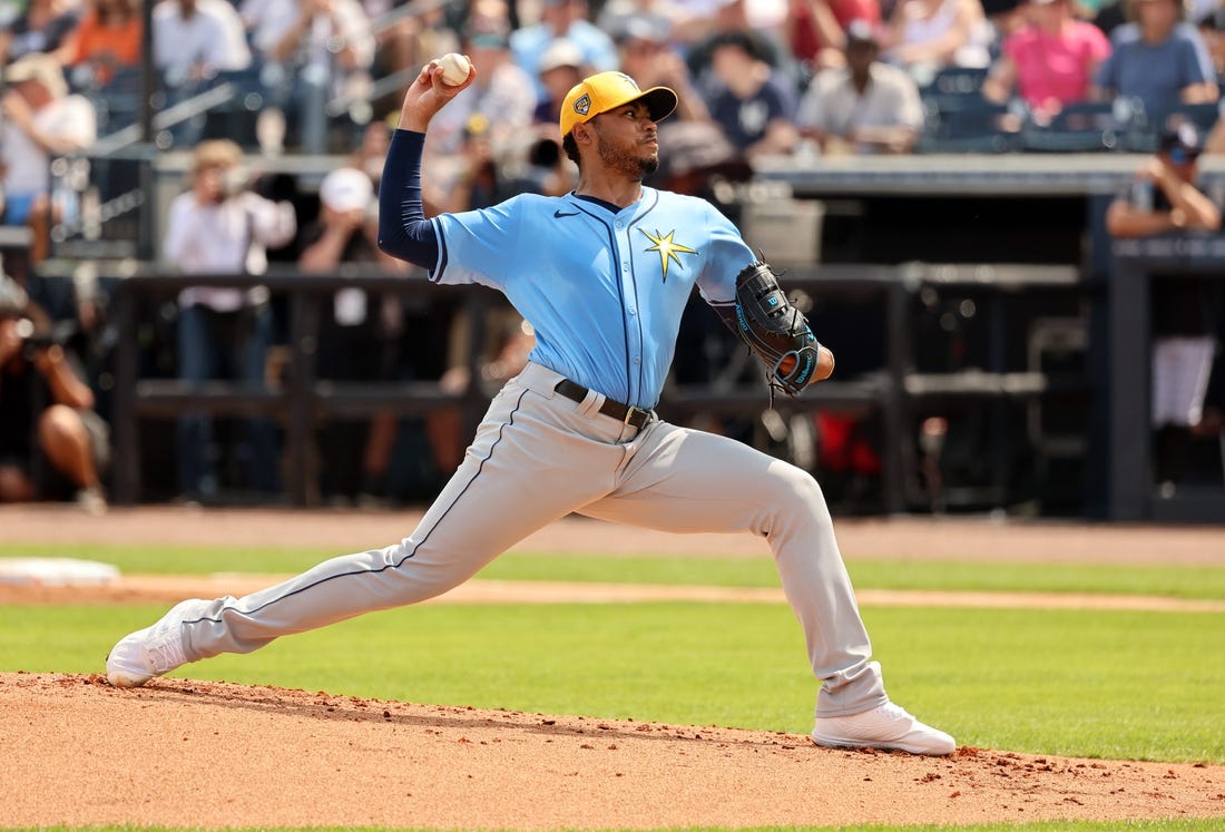 Mar 6, 2024; Tampa, Florida, USA;Tampa Bay Rays starting pitcher Taj Bradley (45) throws a pitch during the first inning against the New York Yankees  at George M. Steinbrenner Field. Mandatory Credit: Kim Klement Neitzel-USA TODAY Sports