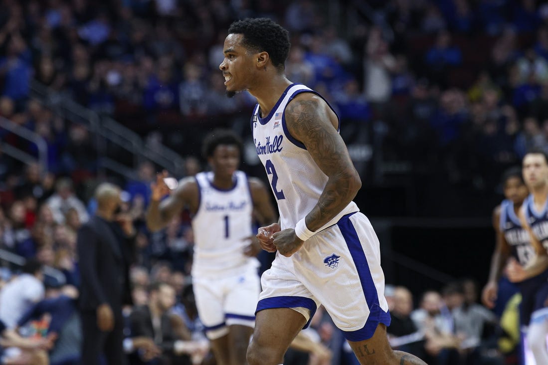 Mar 6, 2024; Newark, New Jersey, USA; Seton Hall Pirates guard Al-Amir Dawes (2) reacts after a three point basket during the first half against the Villanova Wildcats at Prudential Center. Mandatory Credit: Vincent Carchietta-USA TODAY Sports