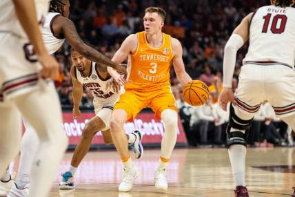 Mar 6, 2024; Columbia, South Carolina, USA; Tennessee Volunteers guard Dalton Knecht (3) drives against the South Carolina Gamecocks in the first half at Colonial Life Arena. Mandatory Credit: Jeff Blake-USA TODAY Sports