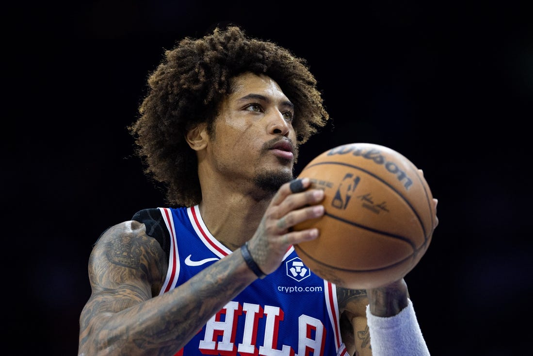 Mar 6, 2024; Philadelphia, Pennsylvania, USA; Philadelphia 76ers guard Kelly Oubre Jr. (9) shoots a foul shot against the Memphis Grizzlies during the second quarter at Wells Fargo Center. Mandatory Credit: Bill Streicher-USA TODAY Sports