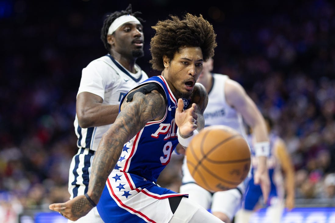 Mar 6, 2024; Philadelphia, Pennsylvania, USA; Philadelphia 76ers guard Kelly Oubre Jr. (9) looses control of the ball while driving against the Memphis Grizzlies during the second quarter at Wells Fargo Center. Mandatory Credit: Bill Streicher-USA TODAY Sports
