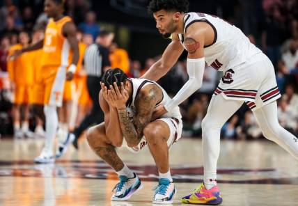 Mar 6, 2024; Columbia, South Carolina, USA; South Carolina Gamecocks guard Jacobi Wright (1) consoles guard Ta’Lon Cooper (55) in the closing moments of their loss to the Tennessee Volunteers in the second half at Colonial Life Arena. Mandatory Credit: Jeff Blake-USA TODAY Sports
