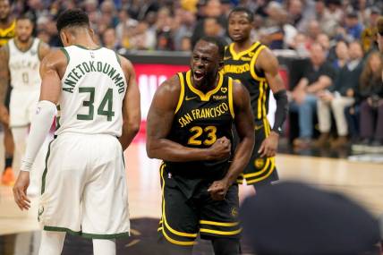 Mar 6, 2024; San Francisco, California, USA; Golden State Warriors forward Draymond Green (23) reacts after being called for a foul against the Milwaukee Bucks in the first quarter at the Chase Center. Mandatory Credit: Cary Edmondson-USA TODAY Sports