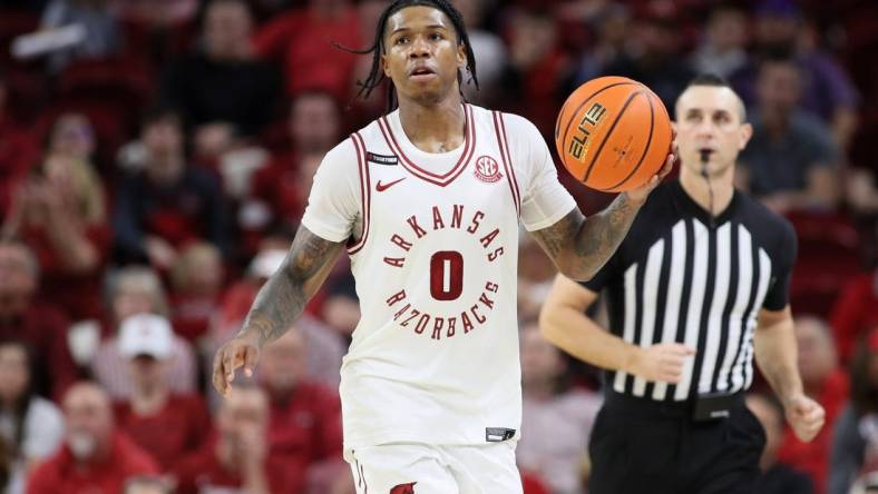 Mar 6, 2024; Fayetteville, Arkansas, USA; Arkansas Razorbacks guard Khalif Battle (0) during the second half against the LSU Tigers at Bud Walton Arena. Arkansas won 94-83. Mandatory Credit: Nelson Chenault-USA TODAY Sports